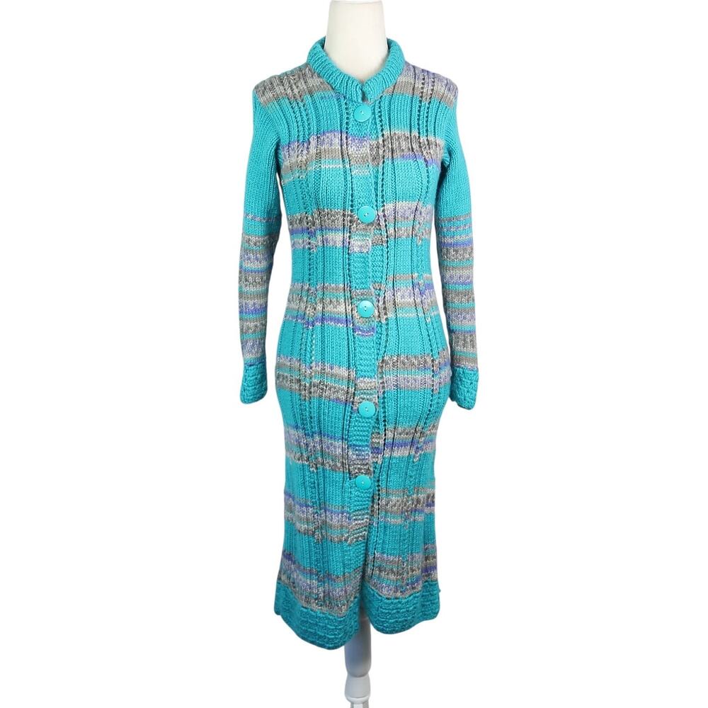 Vintage Y2K Teal Blue and Grey Stripe Long Cardigan Sweater Duster XS